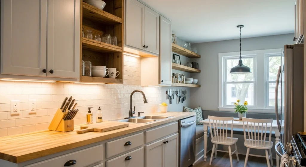 A cozy, budget-friendly kitchen remodel featuring painted cabinets, butcher block countertops, open reclaimed wood shelves, and LED under-cabinet lighting. The design combines affordability with modern functionality in a bright, compact layout.