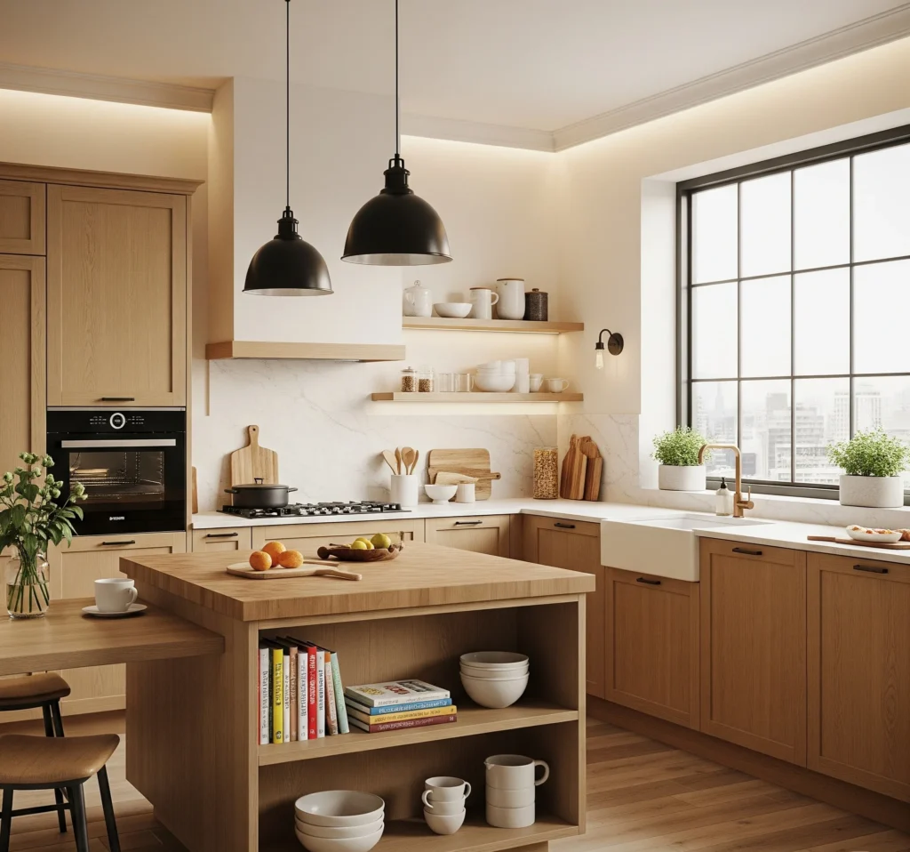 A contemporary kitchen design showcasing light wood cabinets, warm-toned countertops, an oversized island with a butcher block surface, and open shelving filled with decorative items. Natural light streams in through a large window overlooking a cityscape.