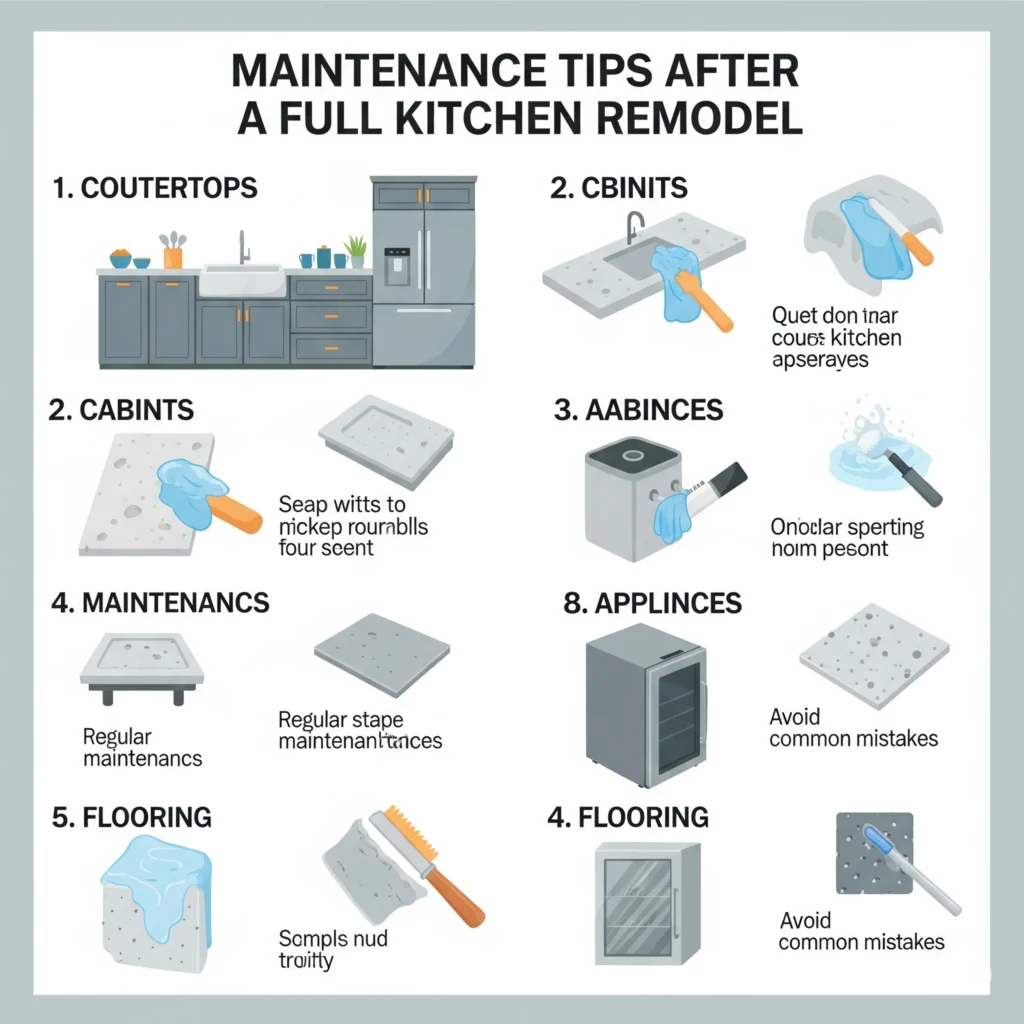 Infographic on maintaining a newly remodeled kitchen, covering countertops, cabinets, appliances, and flooring.