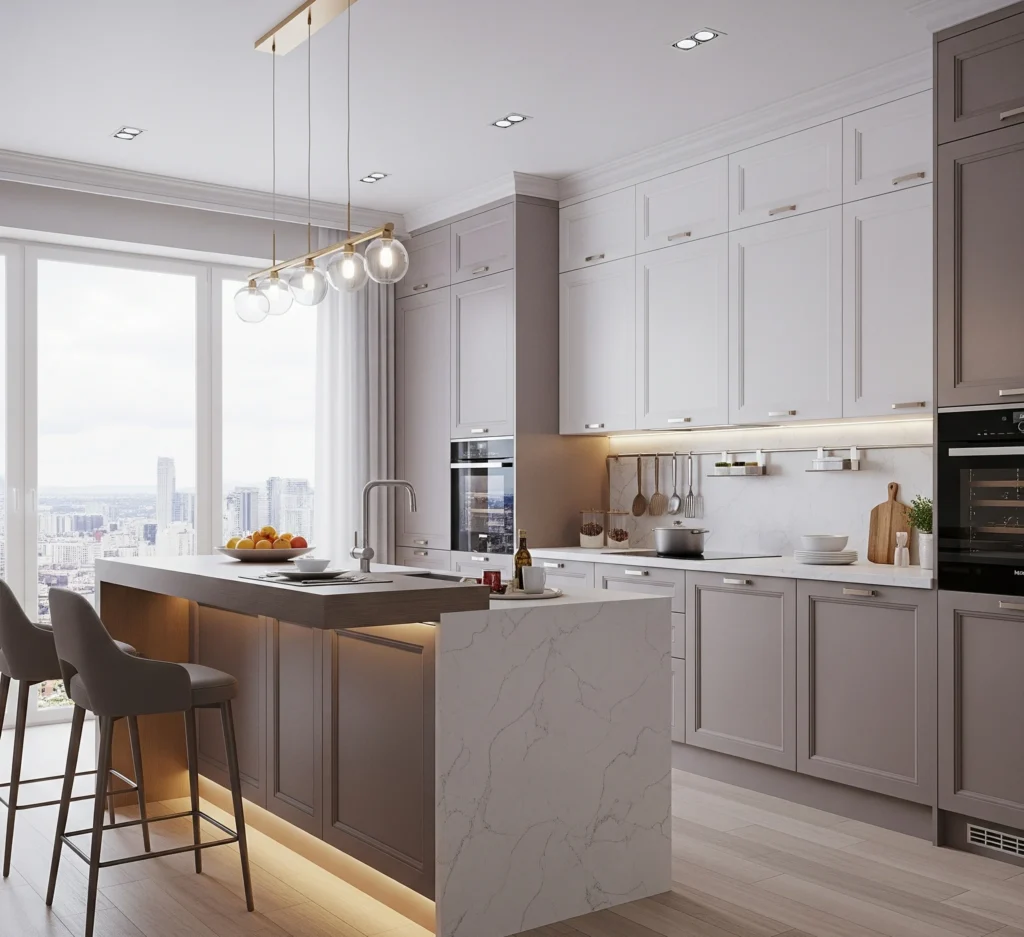 A 3D render of a modern kitchen featuring sleek gray and white cabinetry, a large central island with a waterfall countertop, integrated appliances, and a view of a cityscape through wide windows.