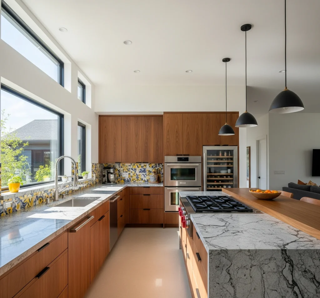 A modern kitchen features dark wood cabinets, an integrated appliance, and a hand-painted ceramic tile backsplash. A prominent natural stone island with a waterfall edge is centrally placed. Natural light illuminates the space, highlighting stainless steel fixtures and the natural textures of stone and wood.