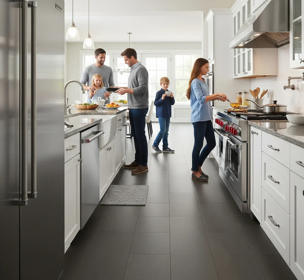For busy kitchens, the most durable flooring options are porcelain tile, luxury vinyl (LVT/LVP), and concrete.

Porcelain tile is hard, scratch-resistant, and water-resistant.

Luxury vinyl resists scratches and dents, is often waterproof, and is comfortable underfoot.

Concrete is extremely strong, long-lasting, and offers a modern aesthetic.