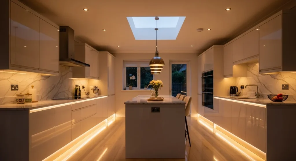 "Elegant modern kitchen with warm lighting, marble countertops, glossy white cabinets, pendant lights over a central island, and soft natural light streaming through a large window."