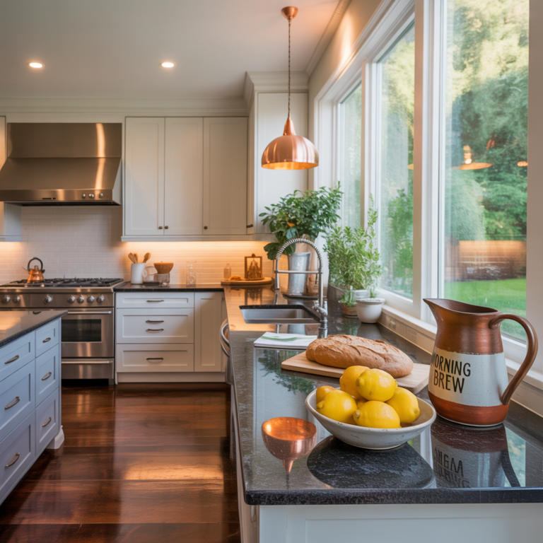 "Modern kitchen with white cabinets, quartz countertops, stainless steel appliances, and natural light highlighting a clean, open layout."