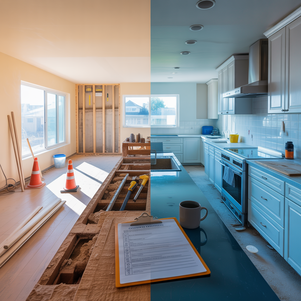 "Modern home interior mid-remodel with one side fully finished kitchen featuring bright cabinets and clean flooring, and the other side under construction with exposed studs, tools, and dust barriers. Natural daylight streams through windows. A checklist, safety cones, and a coffee mug sit on a temporary counter. Warm, realistic lighting and a sky blue, white, and wood-toned color scheme convey progress and transformation."

