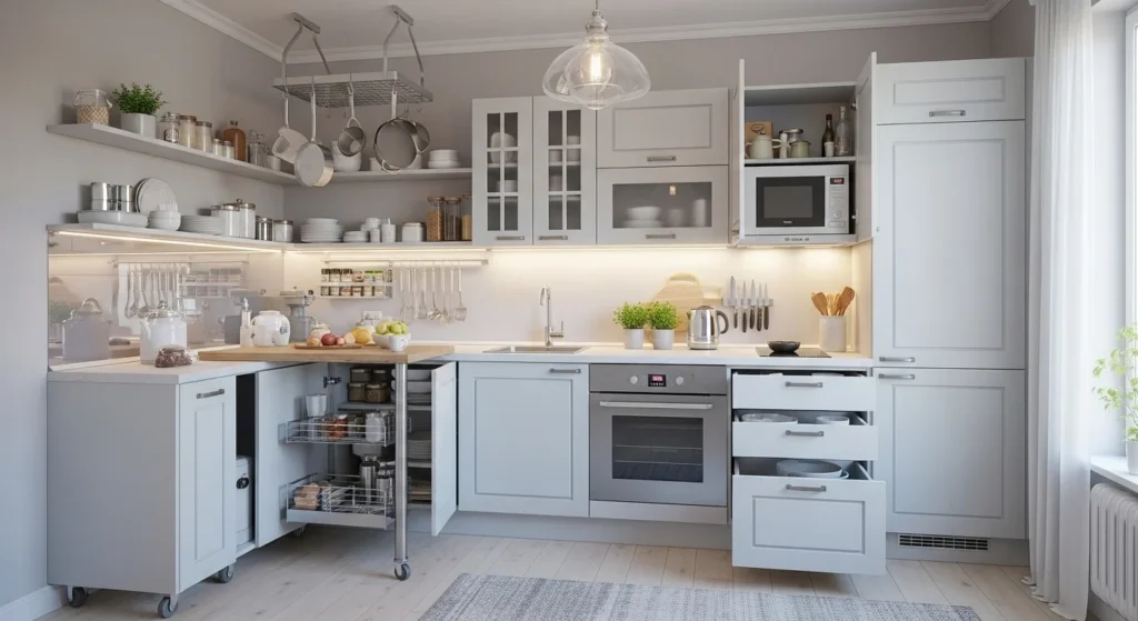 Smart small kitchen design with compact appliances, pull-out storage, open shelving, and light color palette to maximize space efficiently.

