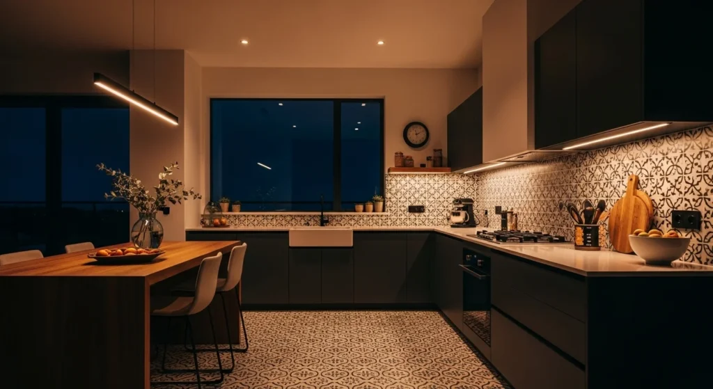 "Beautiful modern kitchen featuring soft ambient lighting, sleek marble countertops, white cabinetry, pendant lights over an island, and natural sunlight enhancing the warm, inviting design."