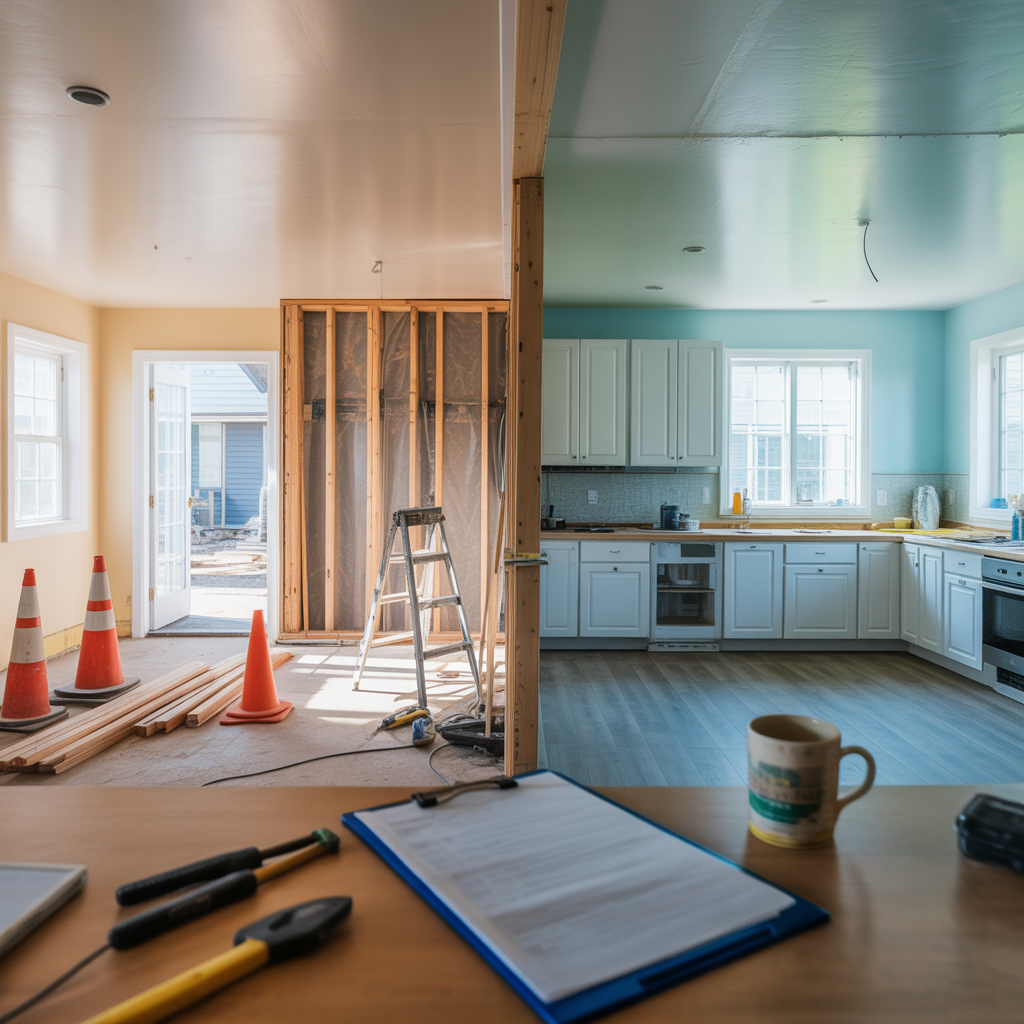"Modern home interior mid-remodel with one side fully finished kitchen featuring bright cabinets and clean flooring, and the other side under construction with exposed studs, tools, and dust barriers. Natural daylight streams through windows. A checklist, safety cones, and a coffee mug sit on a temporary counter. Warm, realistic lighting and a sky blue, white, and wood-toned color scheme convey progress and transformation."

