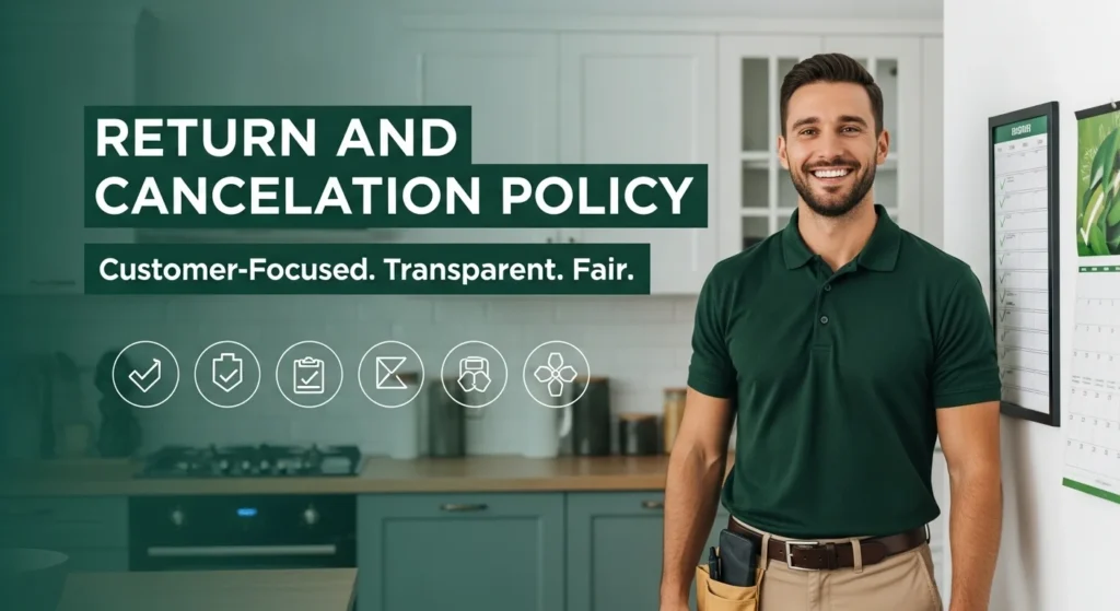 Photorealistic smiling male technician in a dark green shirt and khaki pants stands beside a wall‑mounted checklist and calendar in a modern kitchen setting. Bold text reads “Return and Cancellation Policy” and “Customer‑Focused Transparent Fair.” Small icons for returns, service tools, product returns, refunds, and support appear around him on a clean green‑themed background.
