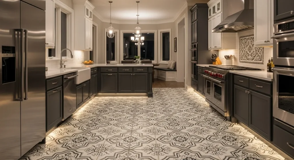 "Stylish contemporary kitchen with glowing under-cabinet lights, glossy finishes, a central island with pendant lighting, and natural light brightening the space."