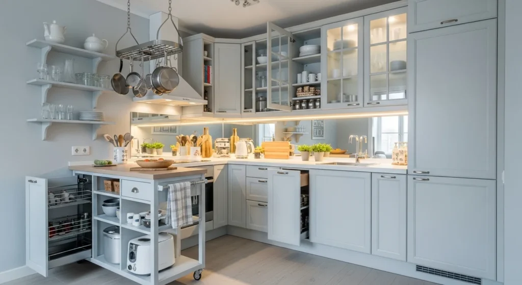 Smart small kitchen design with compact appliances, pull-out storage, open shelving, and light color palette to maximize space efficiently.

