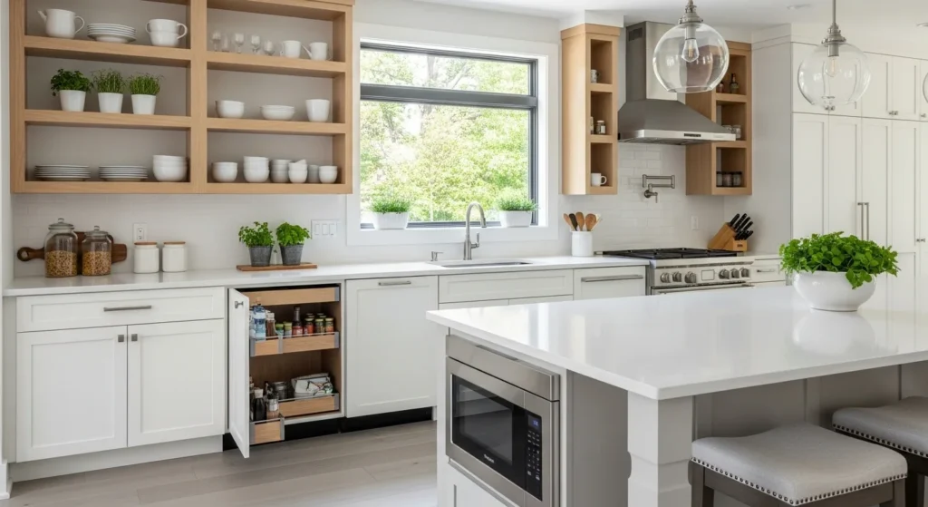 "Modern kitchen with custom cabinets, quartz countertops, stylish backsplash tiles, smart appliances, and warm under-cabinet lighting creating a bright and functional space."