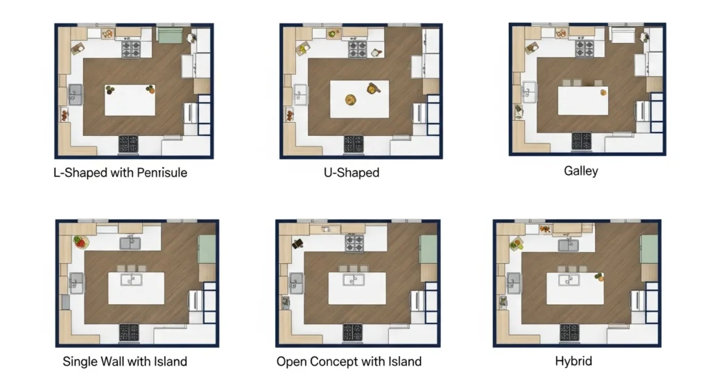Top-down illustration of 7 kitchen layouts, including L-shaped, U-shaped, galley, and open-concept designs, tailored for Raleigh home styles and cooking needs.