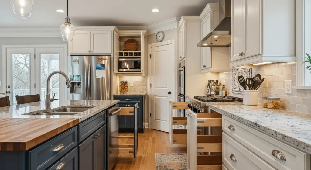 Modern kitchen with custom cabinets and granite and quartz countertops, featuring pull-out drawers, soft-close hinges, butcher block accents, and warm natural lighting.