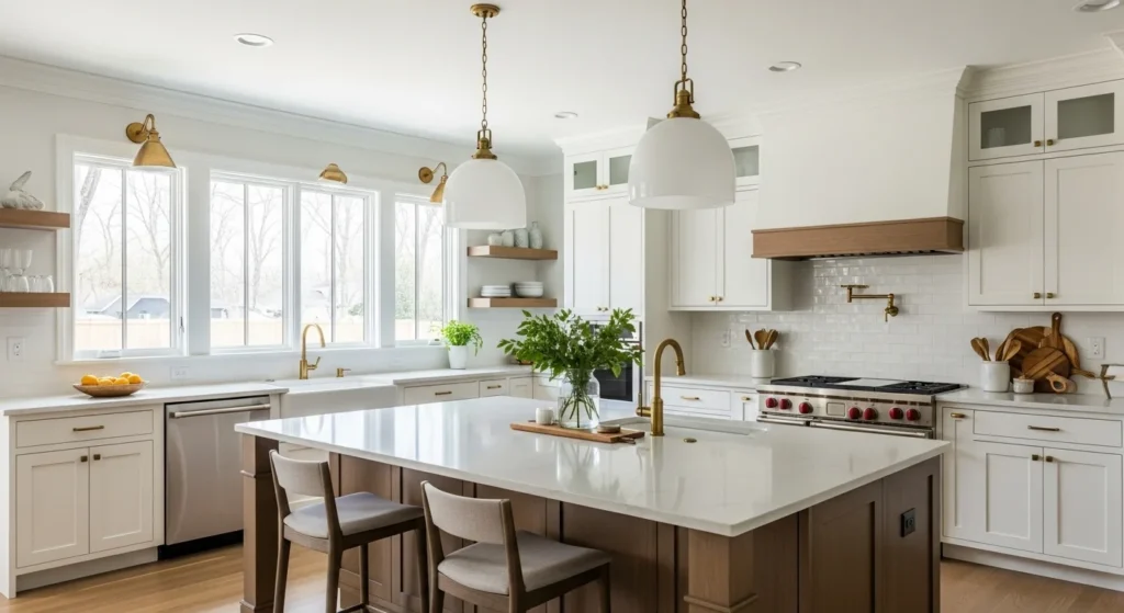 "Modern Raleigh kitchen with white shaker cabinets, quartz island, wood flooring, and warm Southern design accents."