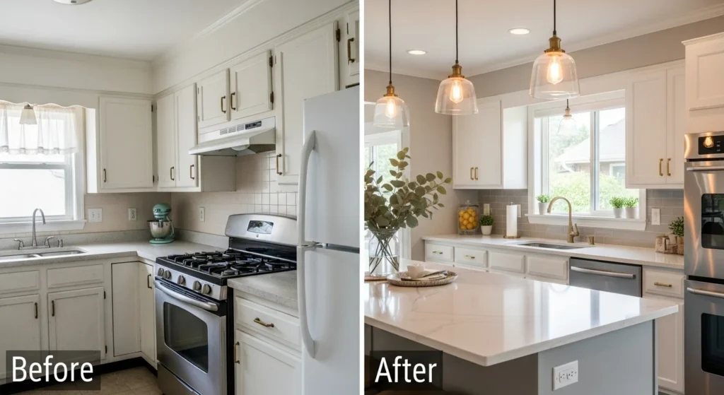 Before and after kitchen upgrade showing old cabinets and appliances replaced with quartz countertops, modern finishes, and stainless steel appliances.