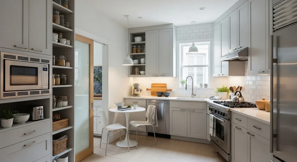 "Small modern kitchen under 120 square feet with vertical storage, open shelving, built-in cabinets, and sliding pocket doors creating a bright and spacious layout."