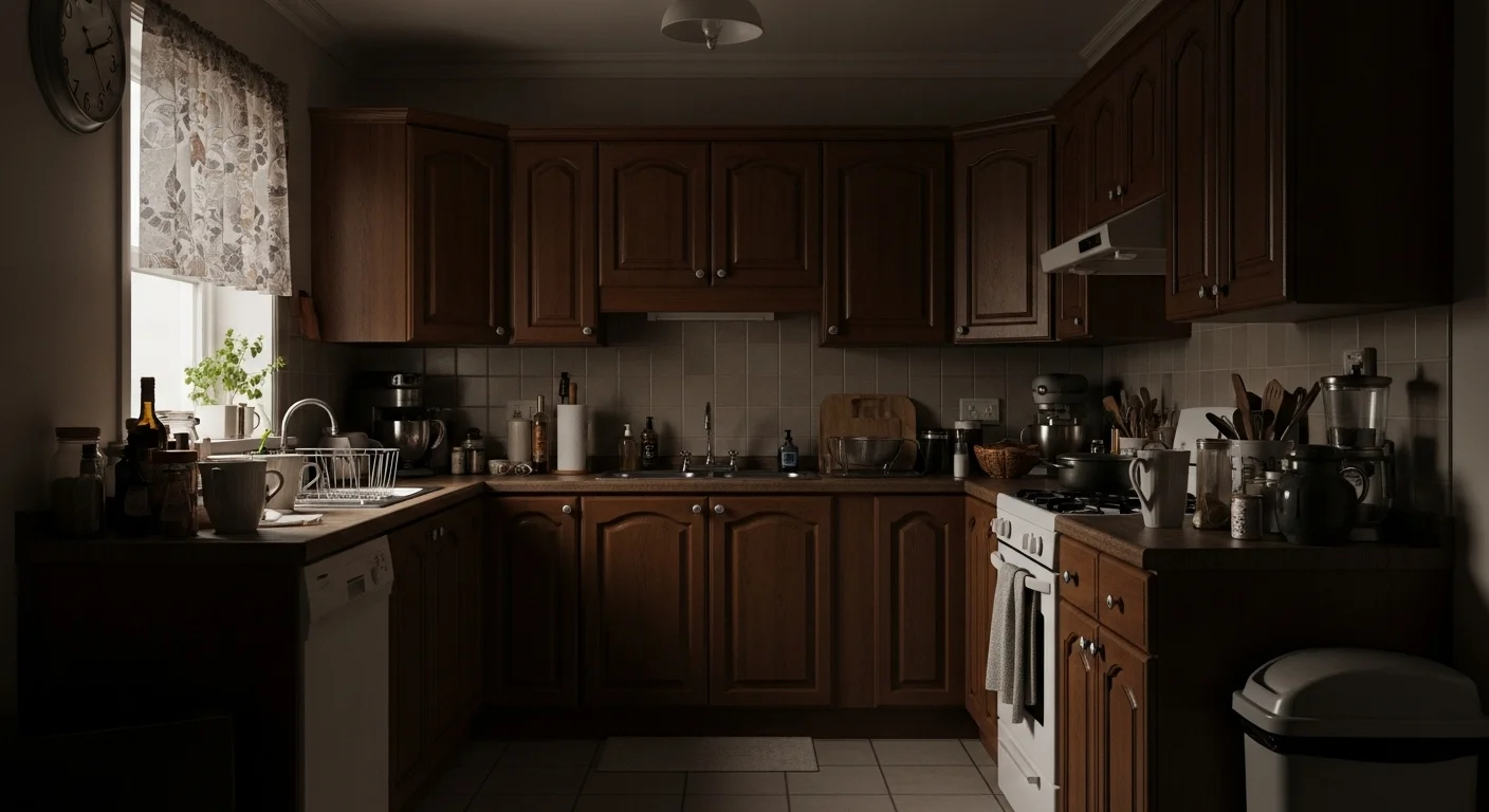 Dark kitchen with heavy wooden cabinets, poor lighting, and cluttered countertops creating a cramped, outdated look.