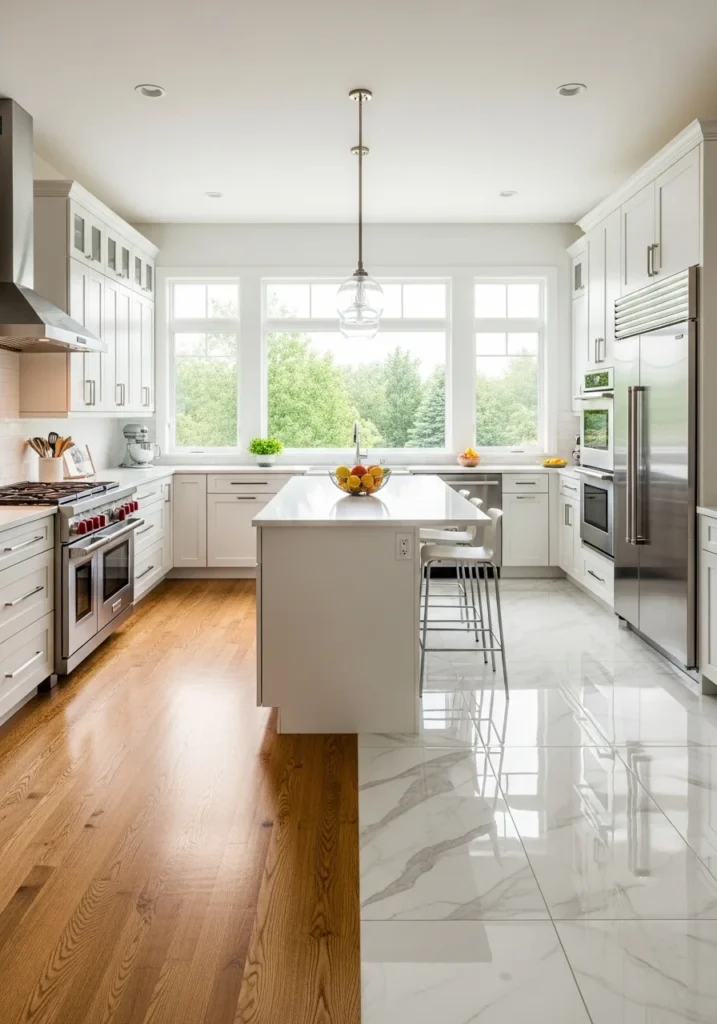 “Modern kitchen interior with hardwood and tile flooring side by side in feathered blend”