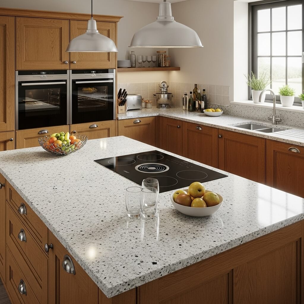 Bright kitchen featuring light granite countertops, wooden cabinets, built-in appliances, and natural light emphasizing the countertop’s pattern."
